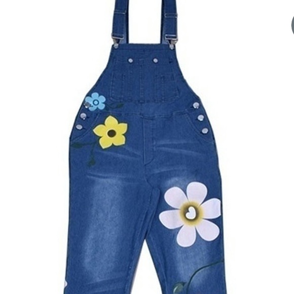 🌸L Blue Flower Power Denim Overalls - Picture 2 of 6